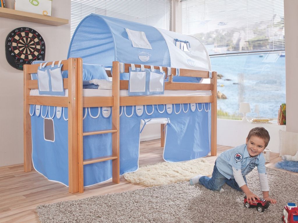 Halbhohes Einzelbett Alex Buche massiv 90x200 cm Natur lackiert mit Stoff-Set