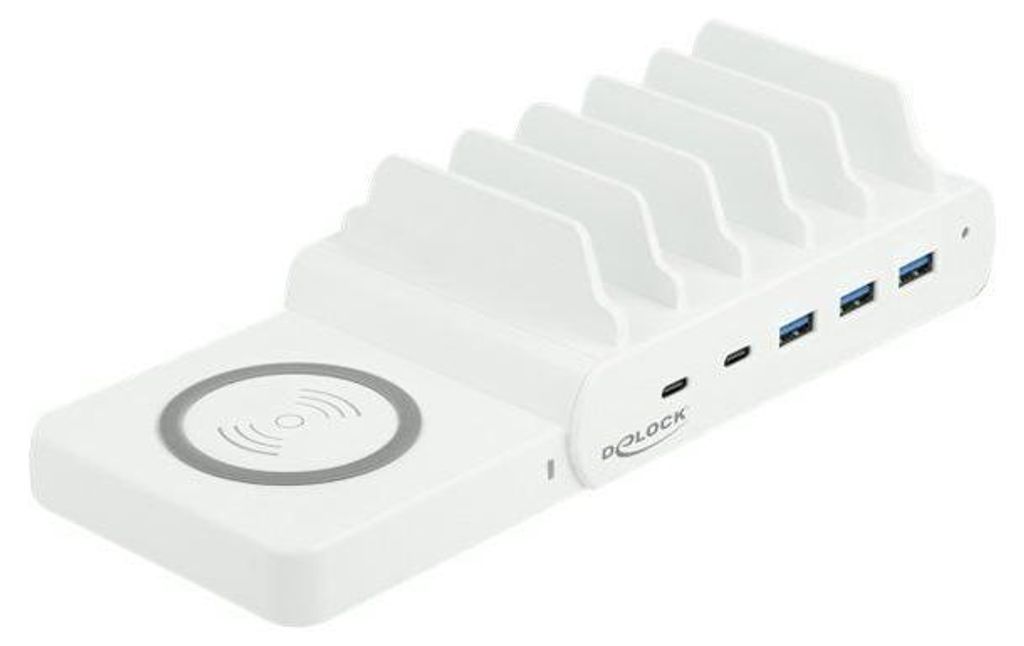 DeLOCK USB und kabelloses Ladegerät 2 x USB Type-C PD + 3 x USB Typ-A mit 110 W, Freistehend, Weiß, 5 A, 100 - 240 V, 2.4 A, 95 mm