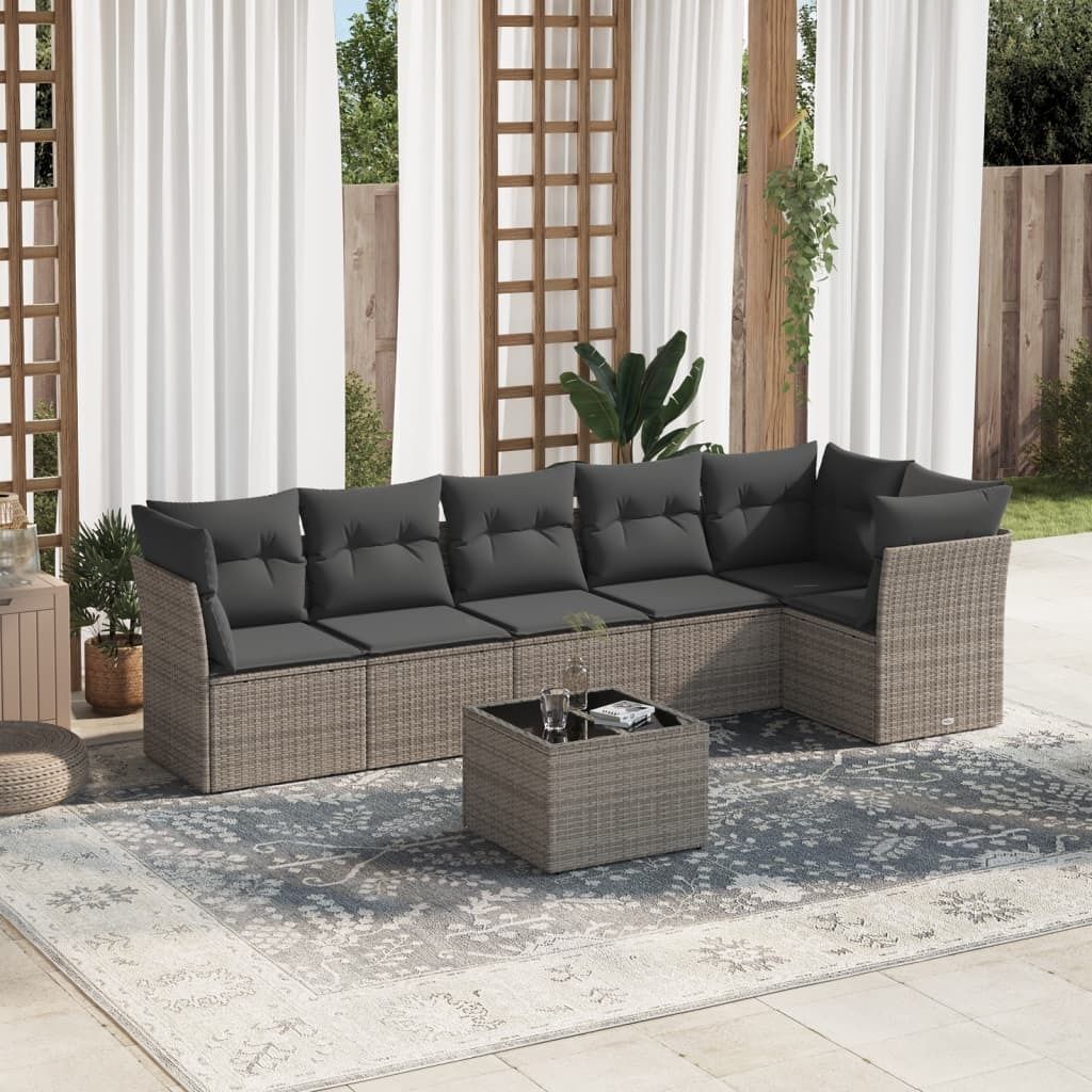 CLORIS 7-tlg. Garten-Sofagarnitur mit Kissen Grau Poly Rattan - Gartenmöbelgarnituren 420