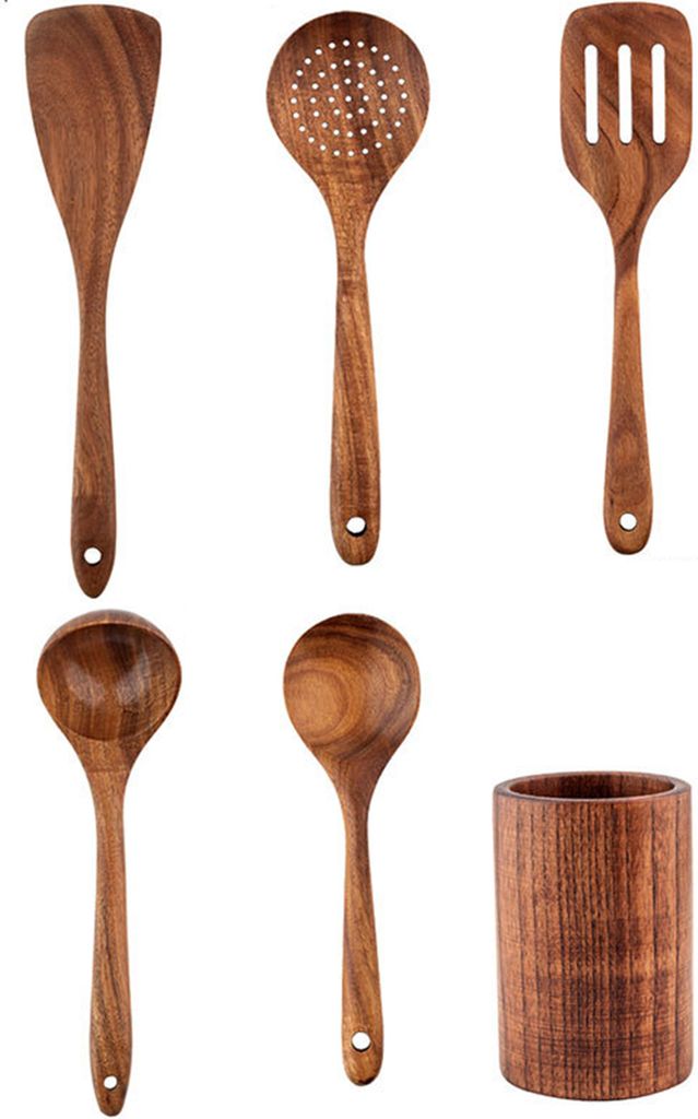 5/6-teiliges Kochutensilien-Set aus Holz, antihaftbeschichtete Küchenutensilien mit Halter, Spatel-Set mit komfortablem Griff, Küchenwerkzeuge au...
