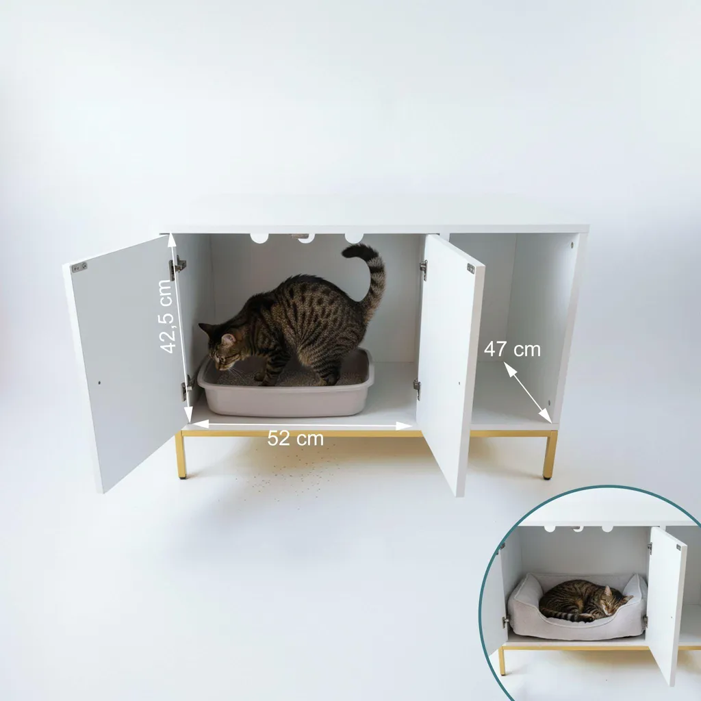 Meuble litière chat avec structure métal robuste et double porte battante