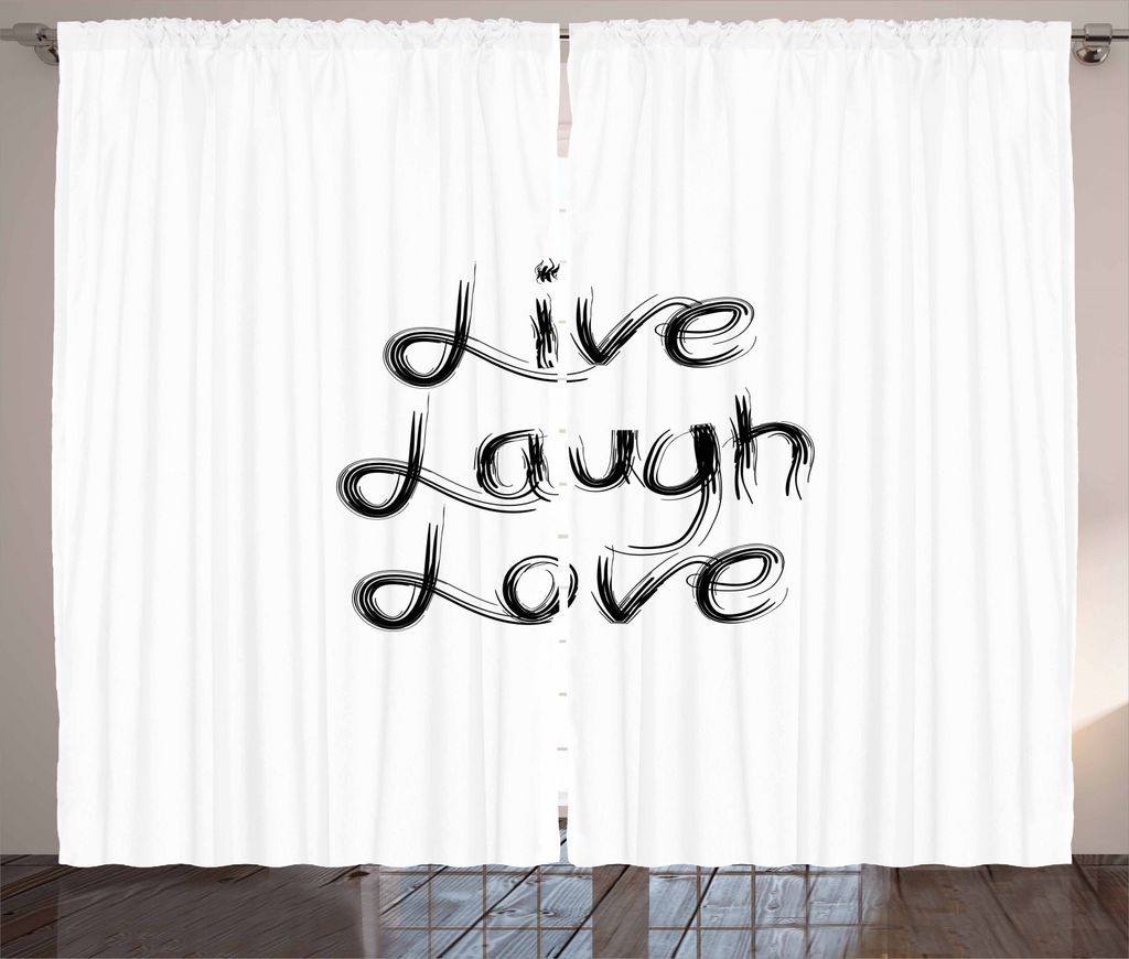 ABAKUHAUS Lebe lache Liebe Rustikaler Vorhang, schwarz Wörter, Wohnzimmer Universalband Gardinen mit Schlaufen und Haken, 280 x 245 cm, Weiß Schwarz