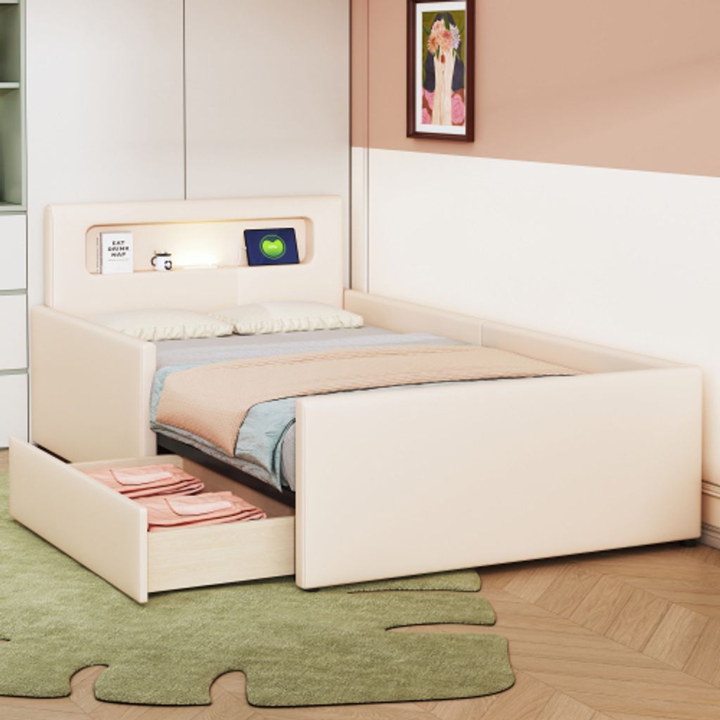 okwish Polsterbett Jugendbett 90×200 cm mit Lattenrost für Jungen und Mädchen, Funktionelles Einzelbett mit Nachtlicht, USB-Ladeanschluss und Ab...