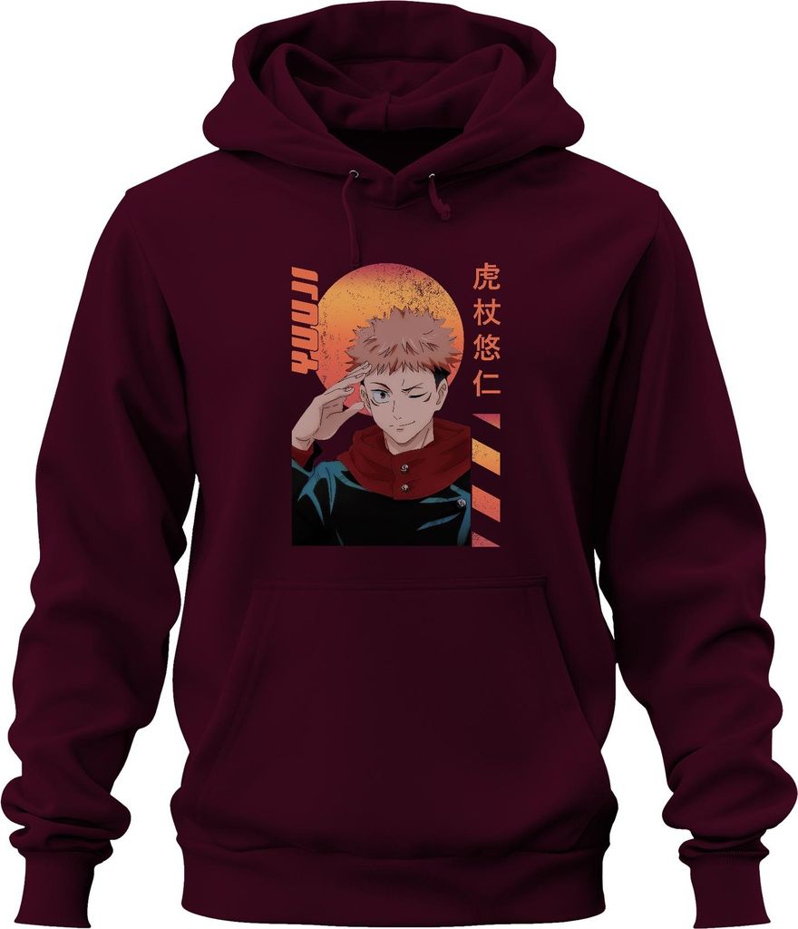 Jujutsu Kaisen Itadori Yuji zwinkernd Anime Geschenk Retro Uni Hoodie Kapuzenpullover, Burgundy, 3XL