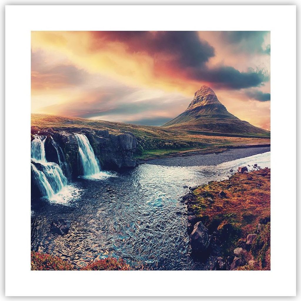 Poster - Poster ohne Rahmen - Wasserfall Himmel Berg - 40x40 cm - Wand Bild - Wanddeko - Wandbilder - Kunstposter - Wandposter - Bilder - Kunstdruc...