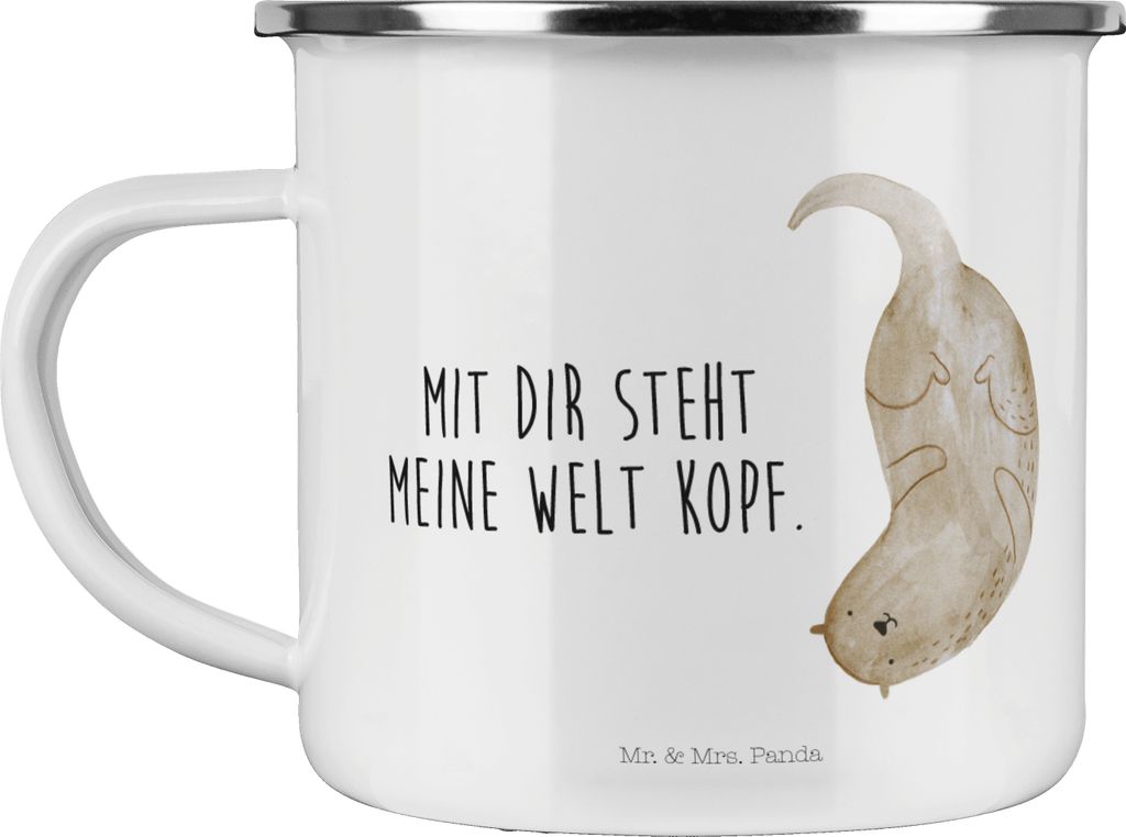 Mr. & Mrs. Panda Pott Otter Kopfüber - Weiß - Geschenk, Niedlich, Verliebt, Liebe, Seeotter, Emaille Becher, Verknallt, Tasse, Kaffeepott, Teetasse