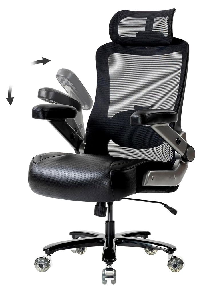 Bürostuhl mit Lordosenstütze und Kopfstütze, höhenverstellbar, 350 kg Tragkraft, Mesh-Rücken mit Kippfunktion, verstellbare und klappbare Arml...