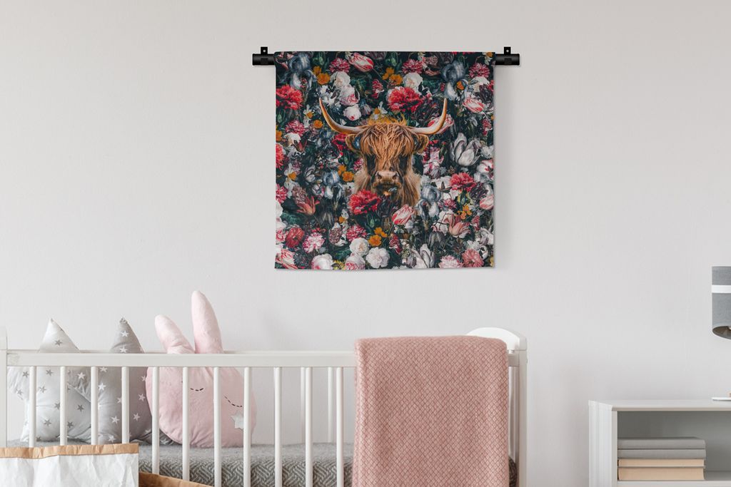 MuchoWow Wandteppich Wandbehang Kuh - Blumen - Braun 60x60 cm Tapisserie Dekoration Wandtuch - Dekorationen - Wand Decke