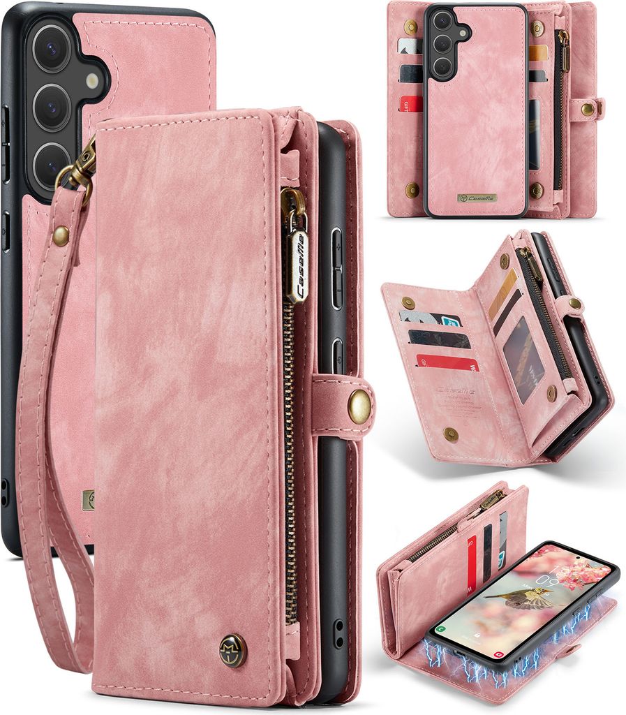 Schutzhülle für Samsung Galaxy S25+, Vintage Multifunktions Lederhülle, Kartenfächer, Reißverschluss Hülle Pink