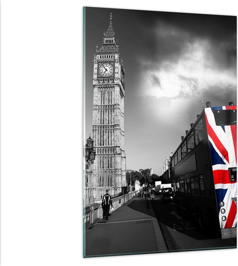 Bilder auf glas - Einteilig - Bus London Big Ben Gebäude - 80x120cm - Glasbilder - Wandbilder - Bilder - Wanddekoration aus Glas - Glas Bilder - W...