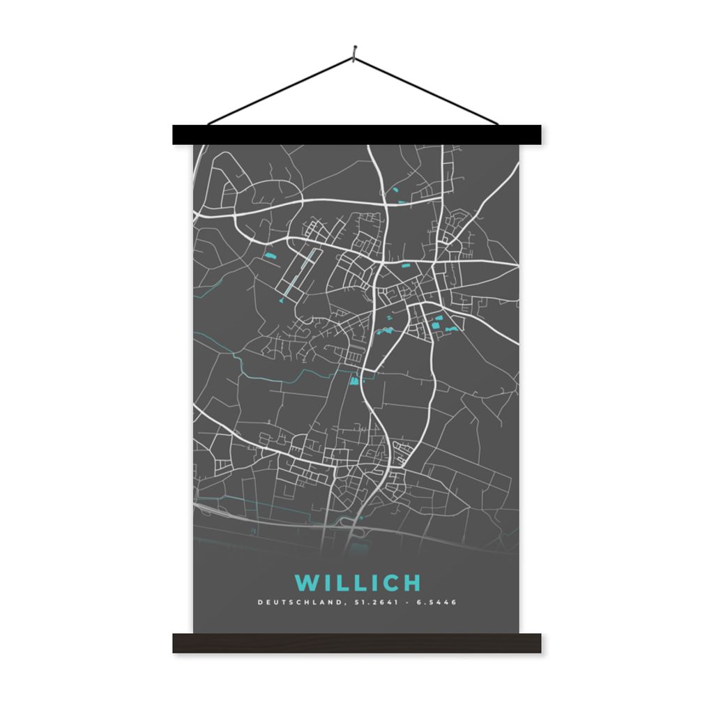MuchoWow Textilposter Stadtplan - Karte - Willich - Blau - Deutschland - Karte 40x60 cm mit schwarzem Rahmen - Wanddekorationen