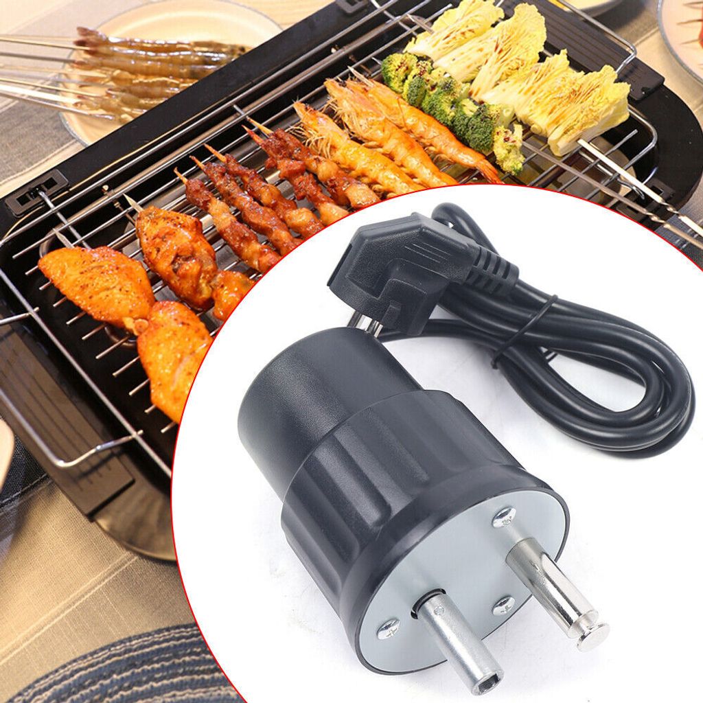 A collage showing a grill with food and a close-up of an electrical plug.
