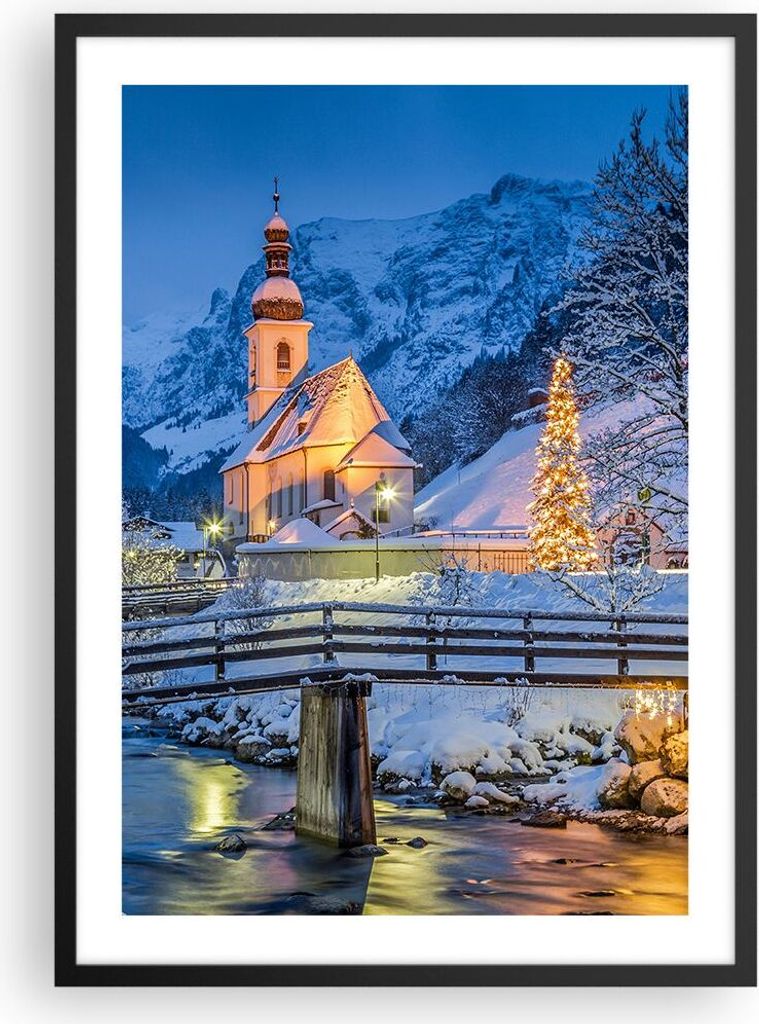 Gerahmtes Poster - Schwarzer Rahmen - Festlich Kirche Schnee - 50x70 cm - Wand Bild - Wanddeko - Wandbilder - Kunstposter - Wandposter - Bilderrahm...