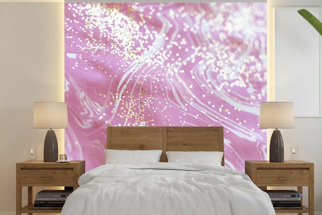MuchoWow Fototapete für Wohnzimmer oder Schlafzimmer Wandtapete Vinyl Motivtapete Marmor - Rosa - Weiß - Gold - 220x220 cm - Tapeten