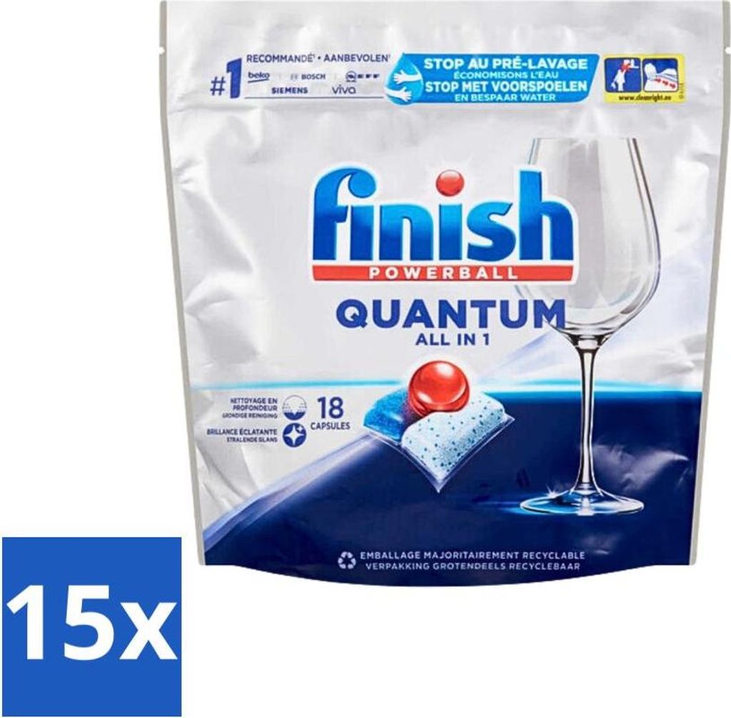 Finish Powerball Quantum All-in-1 Geschirrspültabs – Strahlender Glanz – 18 Tabs - Vorteilspack - 15 Stücke