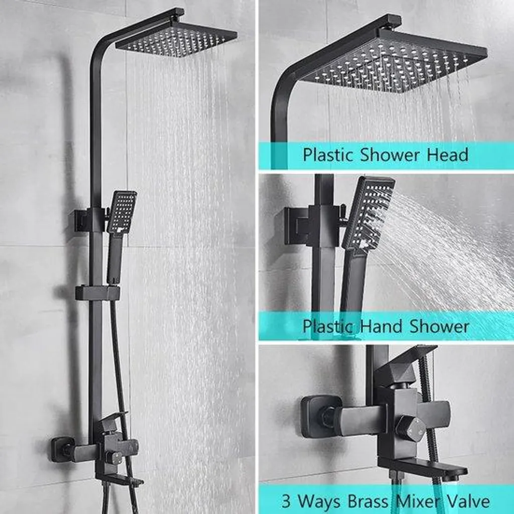 Colonne de douche pluie 30 cm noire avec jet cascade et kit d'installation