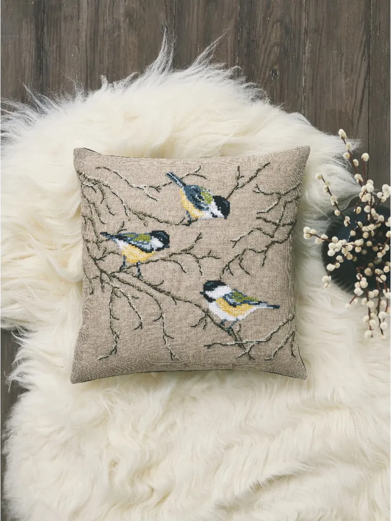 Coussin Point de Croix à Compter Mésanges Charbonnières Permin 40x40