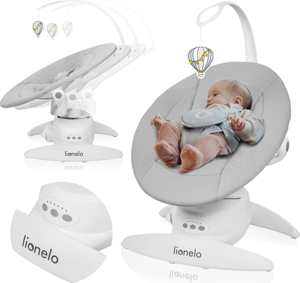A baby is sitting in a baby bouncer with a mobile above it. The bouncer is white and gray. There are multiple views of the bouncer shown.
