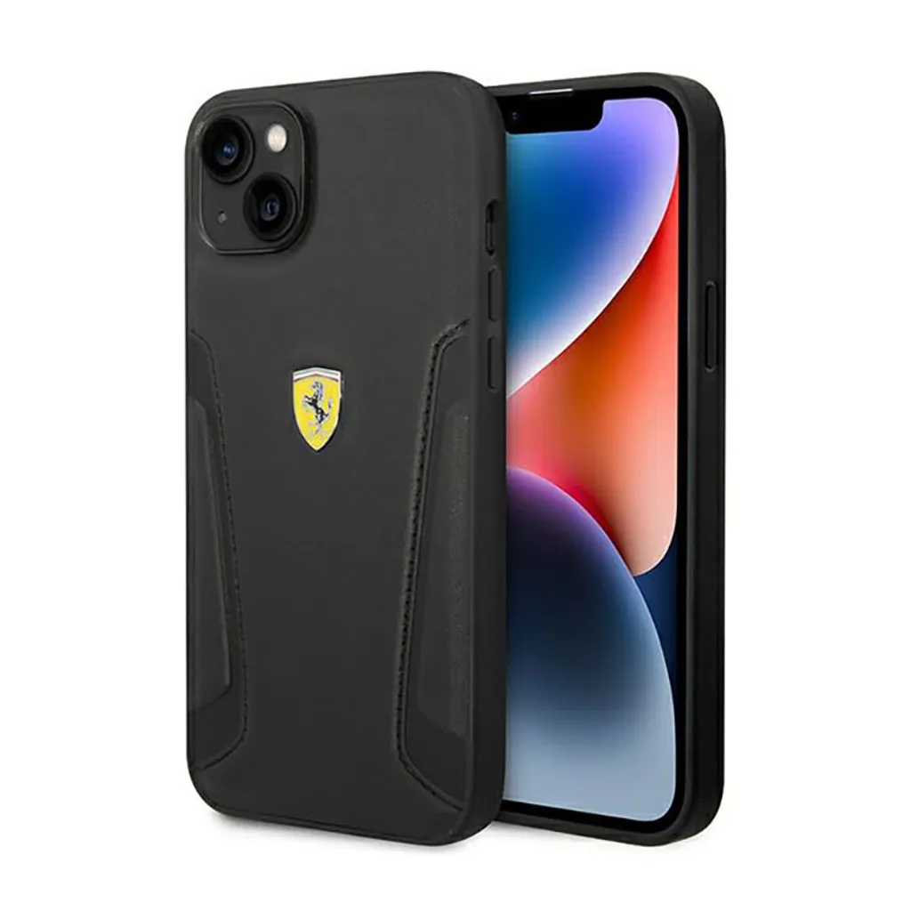 Ferrari Leather Stamp Case iPhone 14 15 Plus 6.7 Hard Cover Black