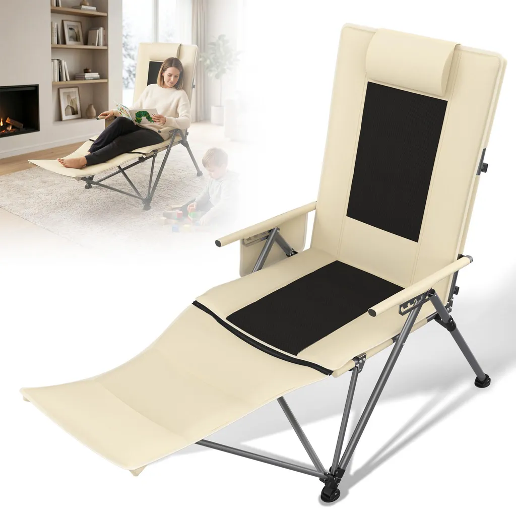 Chaise de pêche LZQ pliante rembourrée beige avec dossier réglable