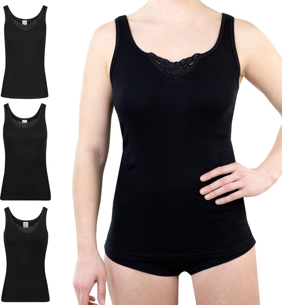 SES Top mit Spitze Damen 3er-Pack Schwarz 44 aus 100% Baumwolle/Damen Unterhemden mit Spitze & weicher Feinripp-Qualität/Trägertop mit Spitze als...