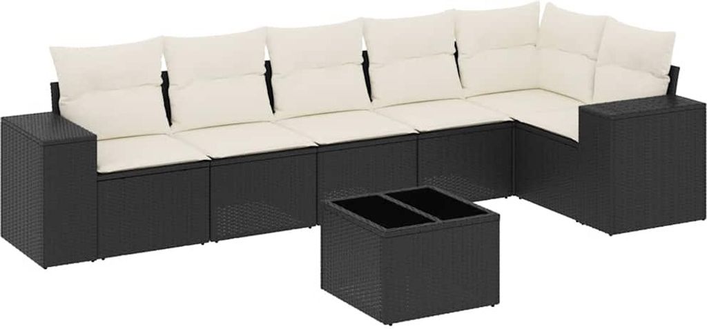 vidaXL 7-tlg. Garten-Sofagarnitur mit Kissen Schwarz Poly Rattan