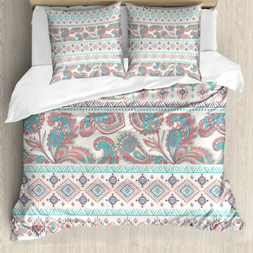 ABAKUHAUS Copripiumino tribale, motivo floreale paisley e azteco, antiacaro e anallergico, con federe, 155 cm x 220 cm - 80 x 80 cm, color crema, acquamarina e corallo