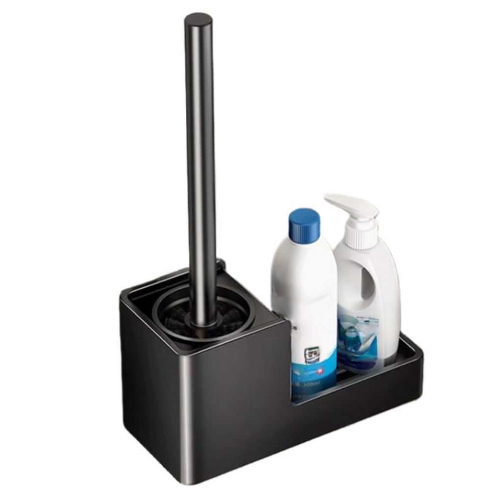 Toilettenbürste mit Halter, selbstklebend, Aluminium, rostfrei, abnehmbar, hygienisch, Belüftungsdesign, Schwarz