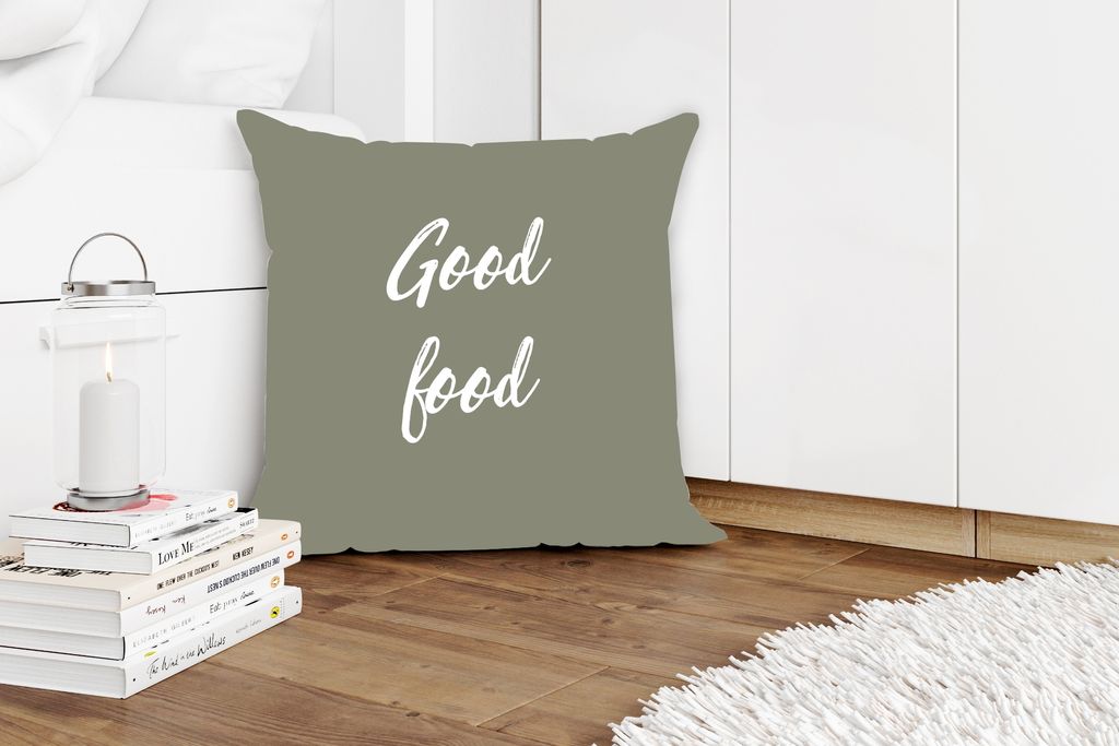 MuchoWow Zierkissen Sofakissen Wohnzimmer Dekokissen 50x50 cm Zitate - Sprichwörter - Essen - Gutes Essen - Komfort - Sofakissen