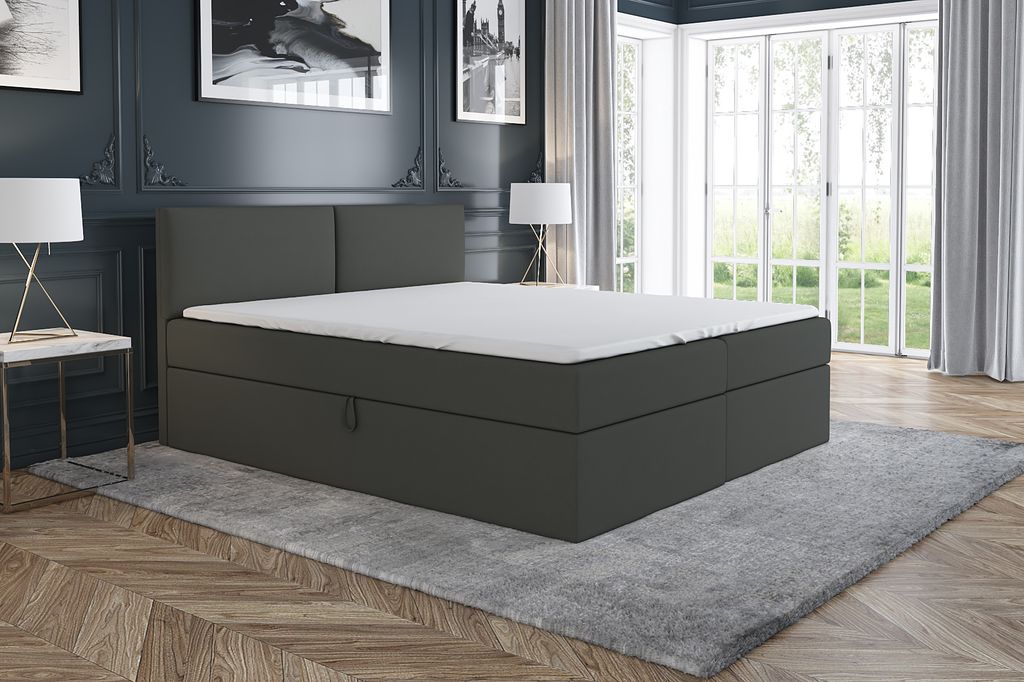 Boxspringbett UNN 120 x 200 mit 2 Bettkästen, Bonell-Matratze und Topper. Farbe: Dunkelgrau