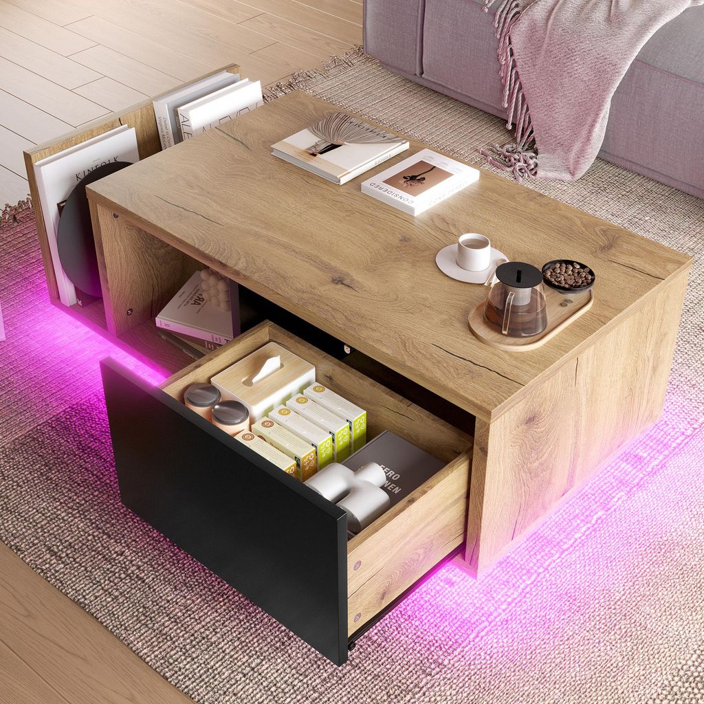 okwish Retro-Couchtisch Sideboard mit integrierter LED-Beleleuchtung,Sofatisch mit offenem Regal und Federmechanik-Schublade,Beistelltisch mit Holz...