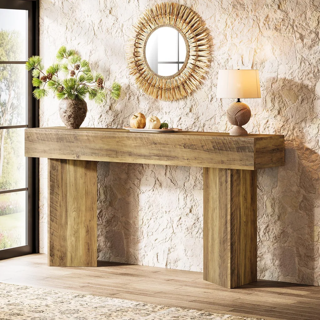 Console d'Entrée Robuste 160 cm, Table d'Accentuation en Bois et Métal