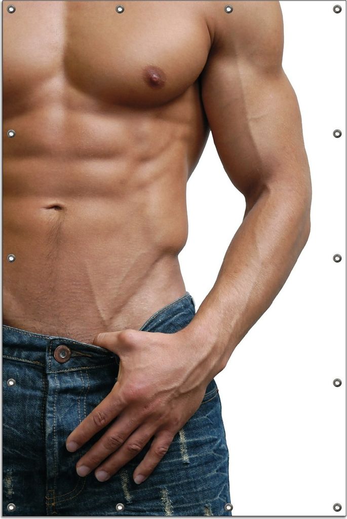 Wallario Outdoor-Poster für Garten oder Balkon, Motiv Halbnackter Mann mit Jeans, in ca. 120 x 180 cm