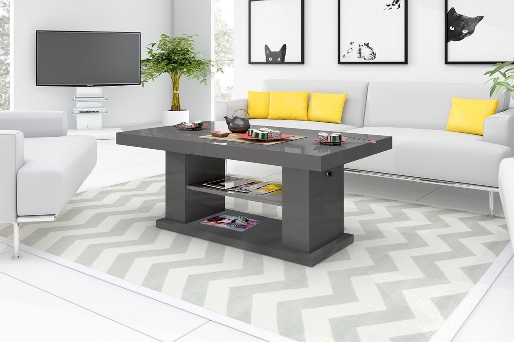 Design Couchtisch Tisch HN-777 Grau / Anthrazit Hochglanz höhenverstellbar ausziehbar Esstisch