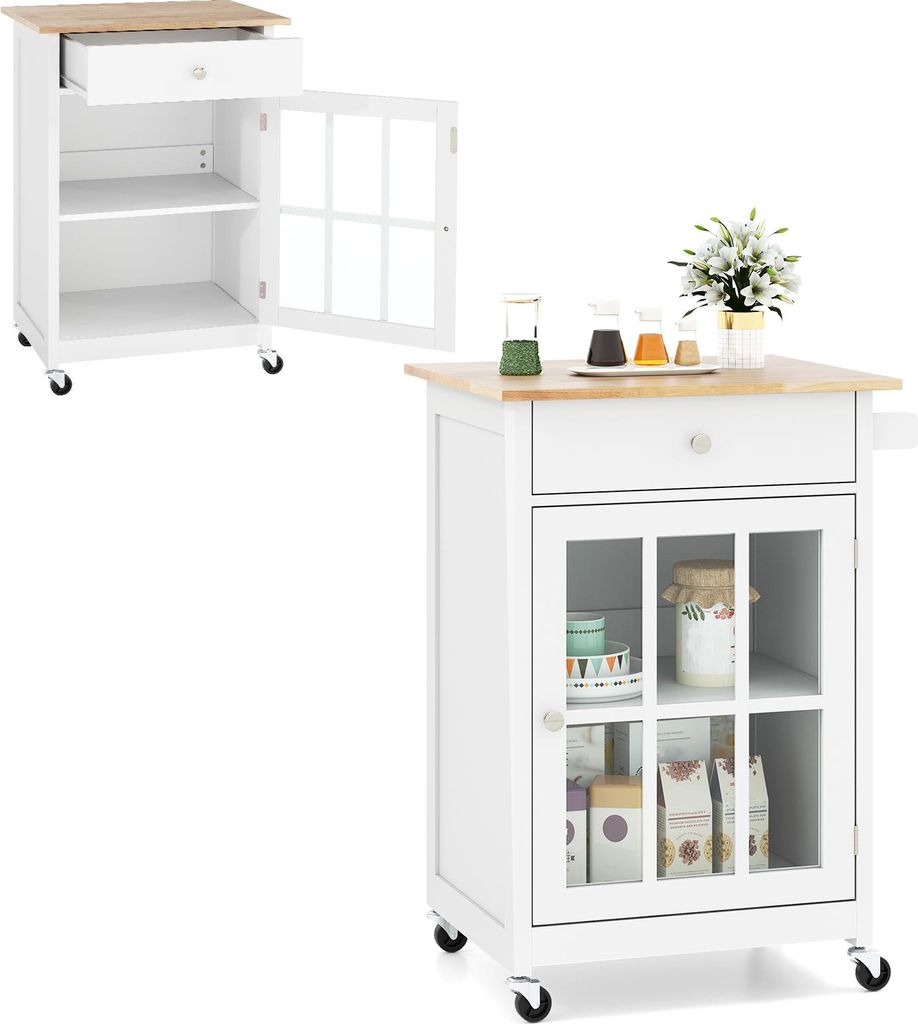 A collage of two images showing a white kitchen cart with a wood top, a drawer, and a glass-doored cabinet. The cart is shown from different angles and with some items inside.