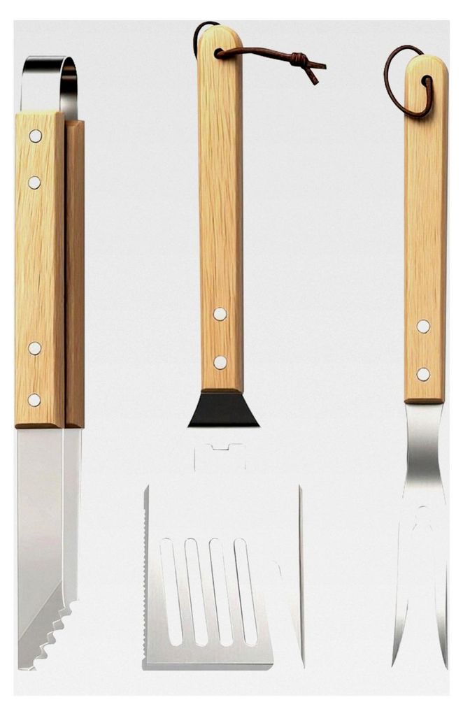 5-in-1 BBQ Werkzeug – Grillzubehör Set mit Spatel, Messer, Gabel, Fleischklopfer und Flaschenöffner – Edelstahl und hitzebehandeltes Eschenho...