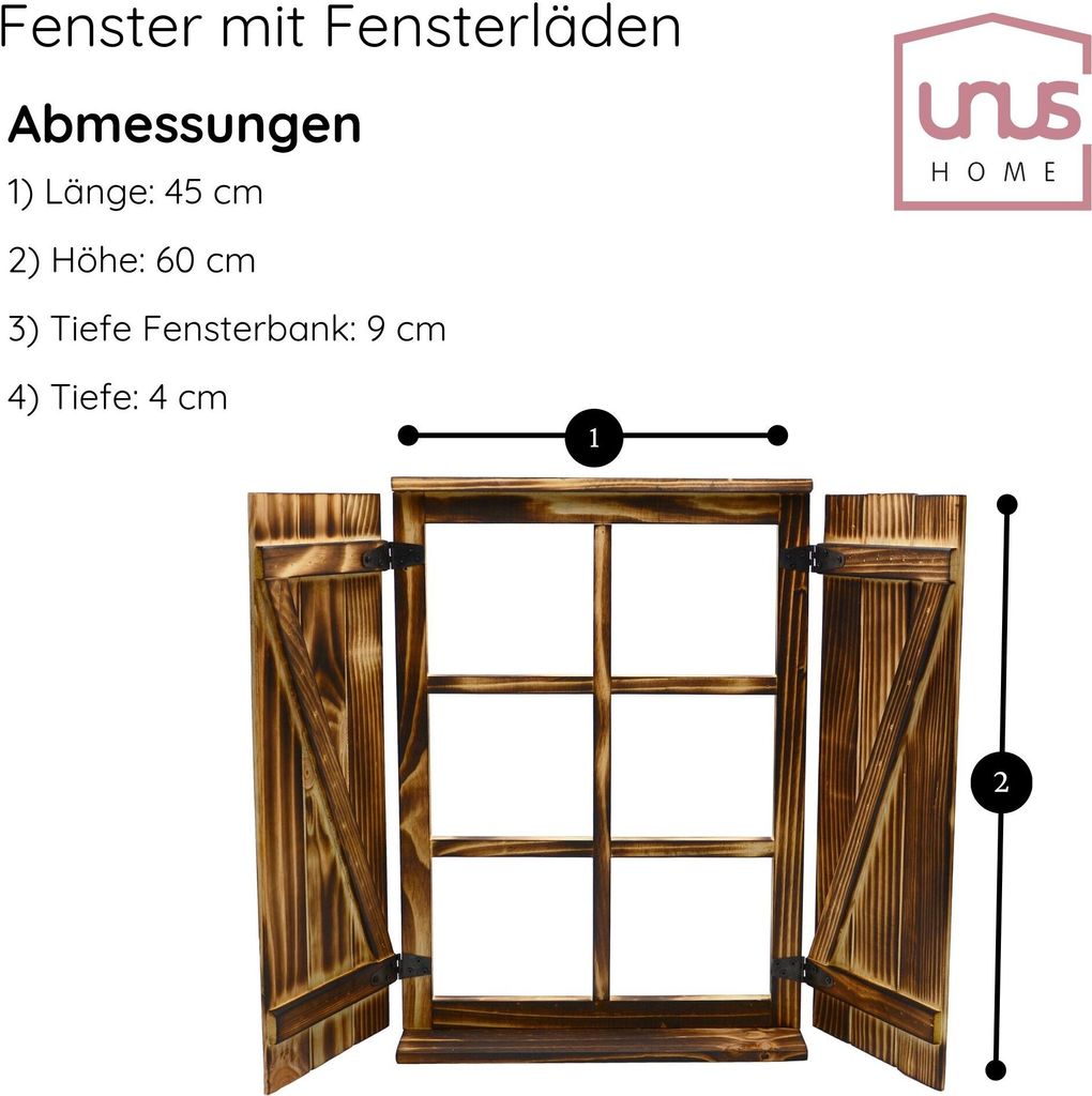 UNUS Deko-Fenster Sprossenfenster mit Fensterläden Holz