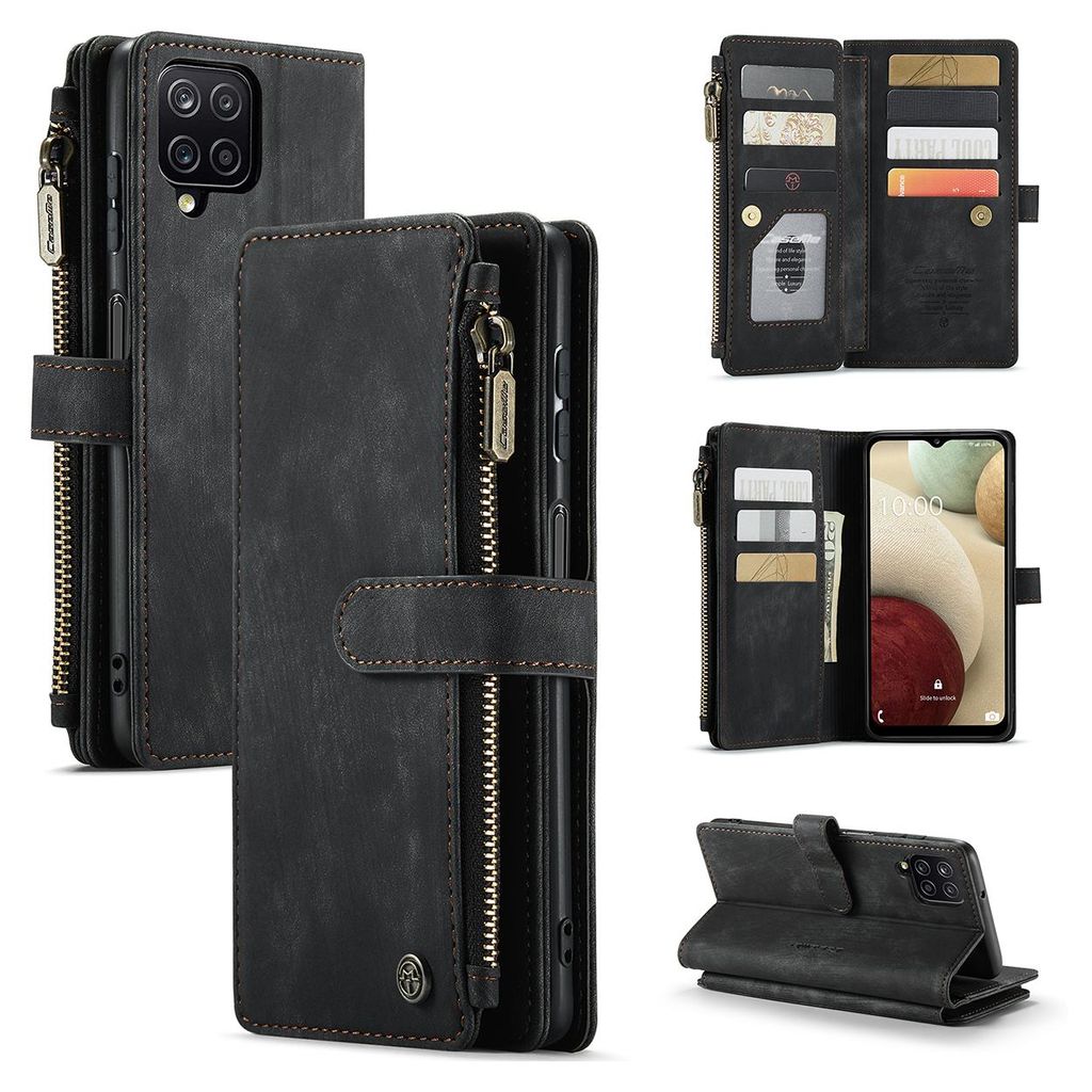 Collage of images showing a black leather wallet-style phone case for a Samsung Galaxy A12 from various angles, including open and closed views, and a close-up of the zipper and card slots.