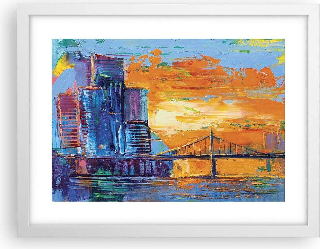 Gerahmtes Poster - Weißer Rahmen - Stadt Brücke pastos - 40x30 cm - Wand Bild - Wanddeko - Wandbilder - Kunstposter - Wandposter - Bilderrahmen -...