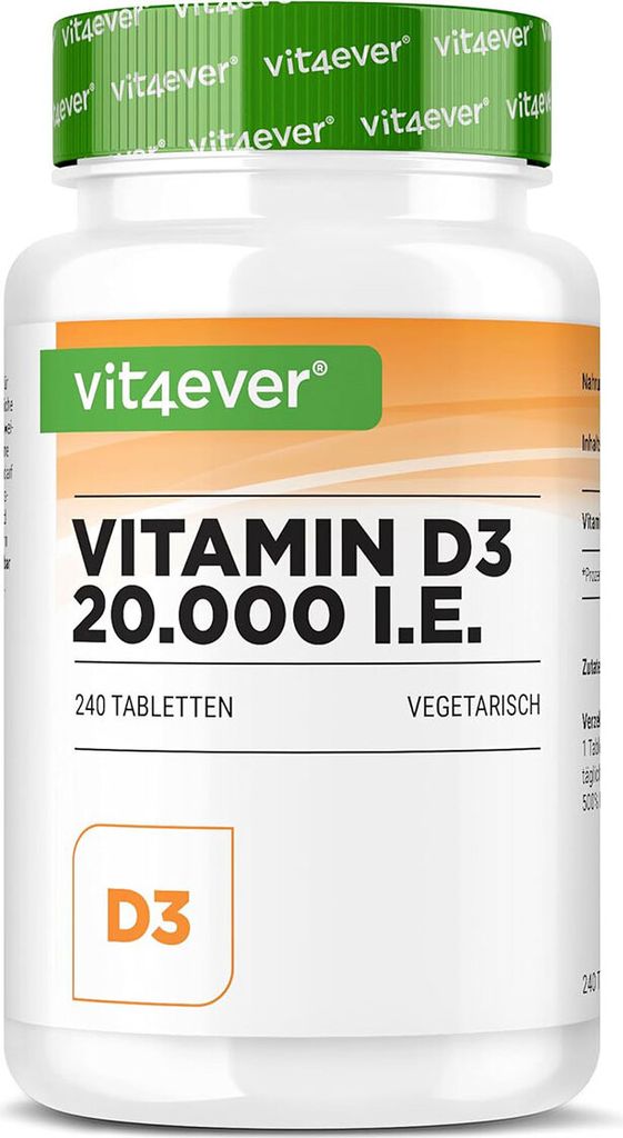 A white plastic bottle of Vitamin D3 tablets with a green and orange label.