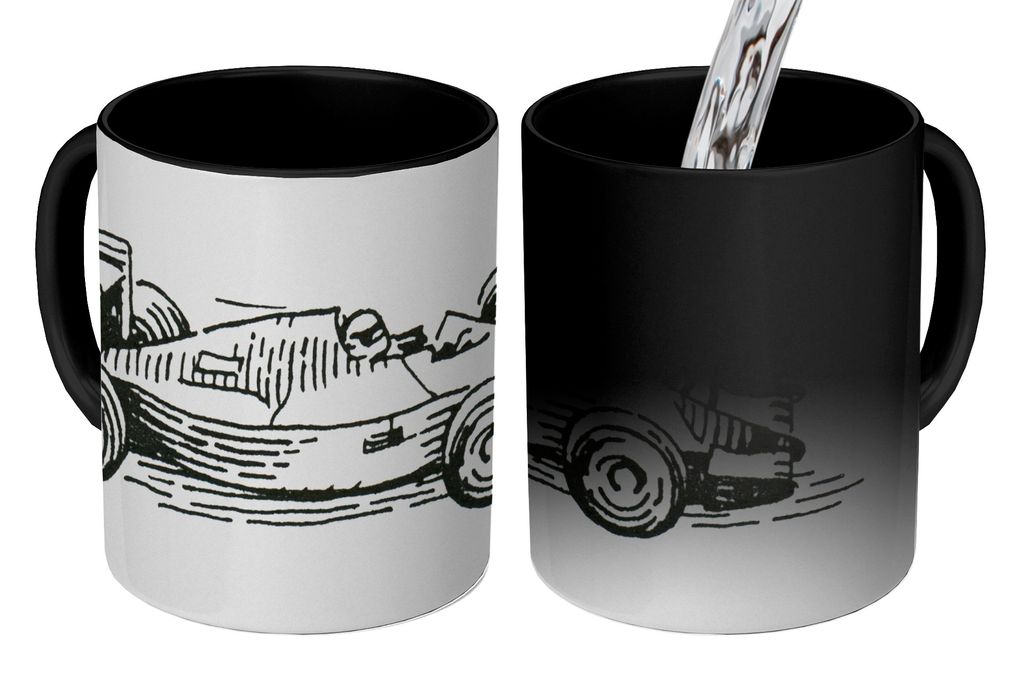 KitchenYeah Zauber Tasse Zaubertasse Magic Eine schwarz-weiße Illustration des Formel-1-Rennwagens 350 ml Farbwechsel Becher Geschenk Geschenkid...