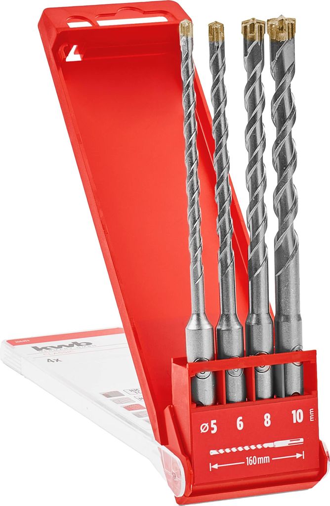 kwb HB2X SDS Plus Bohrer Set, 4 tlg., 160 mm, Ø 5 / 6 / 8 / 10 mm (HM X Cross Point, U-förmige gefräste Spirale, 40 CR Stahl, SDS Plus)