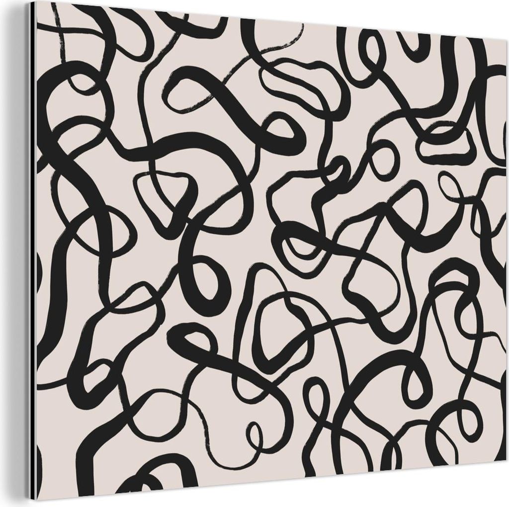 MuchoWow Wanddekoration Metall Metallbild Wandkunst 40x30 cm Linien - Kunst - Schwarz - Beige MuchoWow Aluminium Gemälde - Dekoration Wohnzimmer