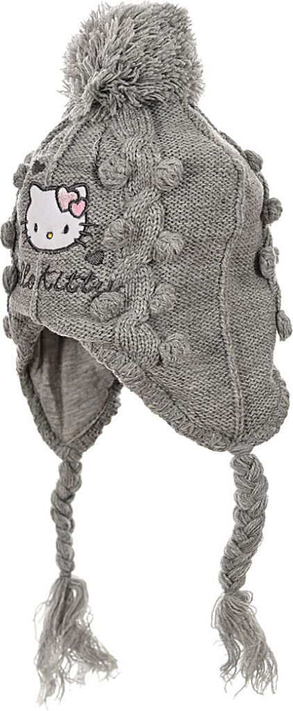 Baby Mütze gestrickt mit Fleece-Futter Hello Kitty Grau 44 cm