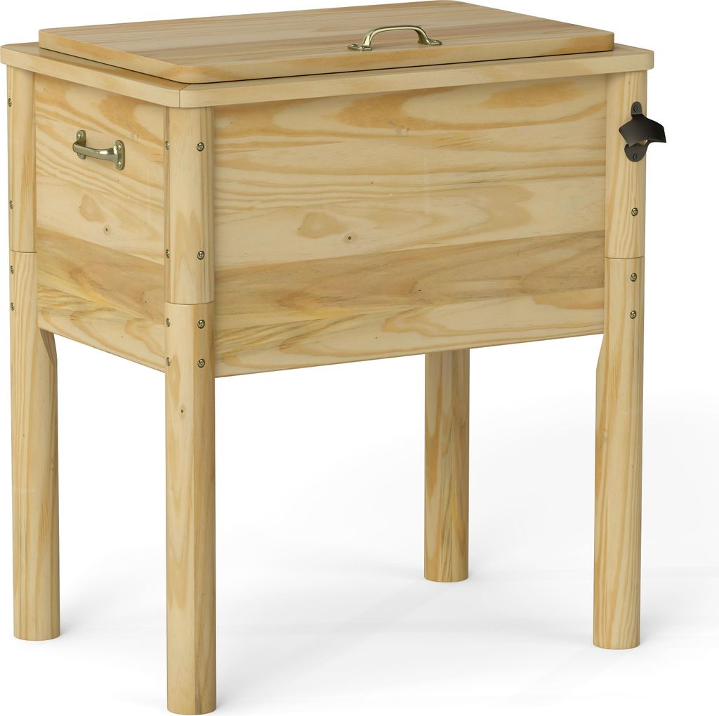 COSTWAY 51L Getränkekühler Holz, Kühlbox mit 3 Griffen, Flaschenöffner & Abflussverschluss, rustikale Eistruhe, BBQ Cookouts, 67x47x74cm