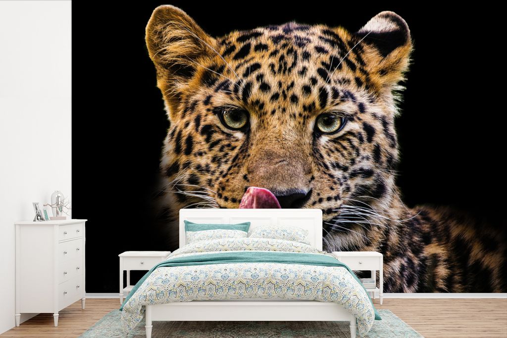 MuchoWow Fototapete für Wohnzimmer oder Schlafzimmer Wandtapete Vinyl Motivtapete Leopard - Schwarz - Nahaufnahme - 360x240 cm - Vinyl-Tapete