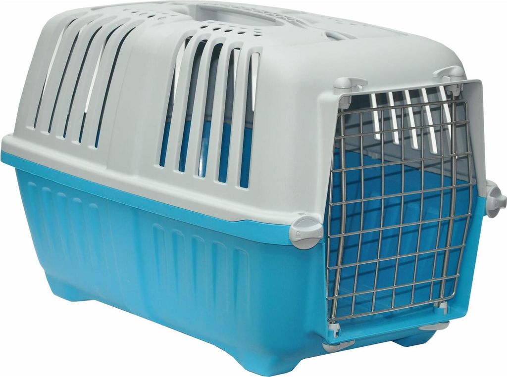 A blue and white pet carrier is shown against a white background.