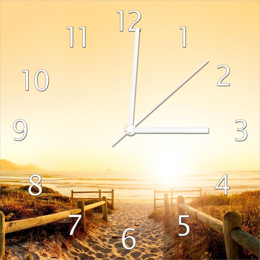 Wallario Design Wanduhr Strand in Südafrika II - Himmel in orange aus Echtglas, Größe 30 x 30 cm