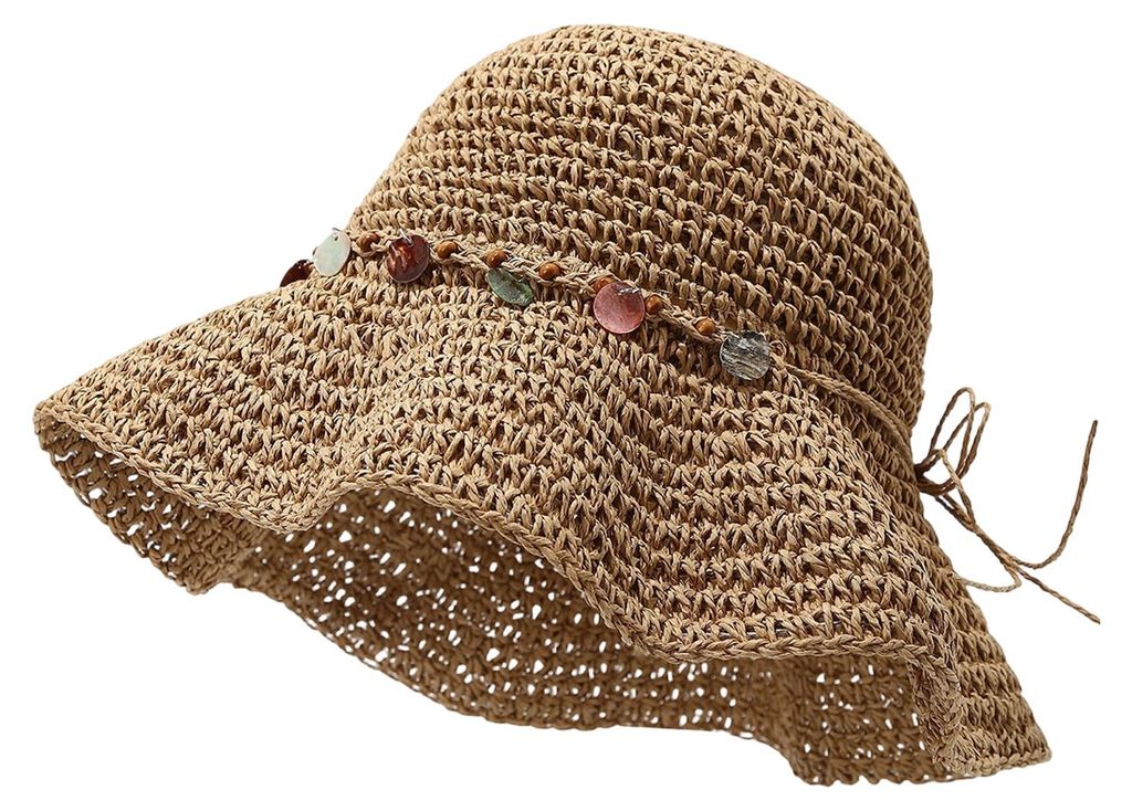 Damenhut mit breiter Krempe, verstellbarem Riemen, hohlem Häkelmuster, Strohhut, atmungsaktiv, faltbar, Sommer-Sonnenhut für draußen