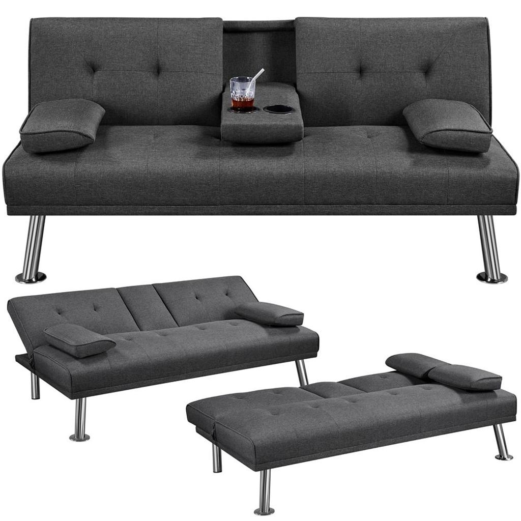 A collage of a dark gray sofa bed shown in three different configurations: as a sofa with a cup holder and pillows, as a slightly reclined sofa, and as a fully extended bed.